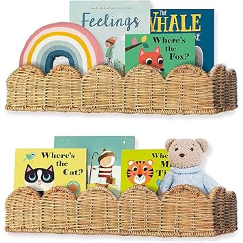 Nursery Book Shelves Set of 2 - Artisanal Natural Rattan Scalloped Book Shelf for Kids Rooms 15.8" W, Cute Wicker Nursery Bookshelf Wall Mounted, Handwoven Floating Kids Bookshelf, Baby Boho Decor