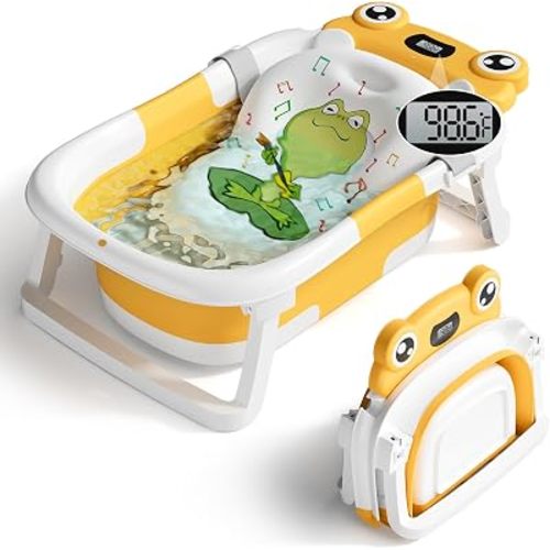 Baby Bathtub, Collapsible Newborn Bathtub for Infant to Toddler with Soft Cushion and Thermometer,Portable Travel Newborn Tub with No-Slip Feet, Baby Shower Gifts, 0-12 Months Baby Bath, Yellow