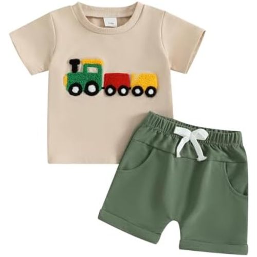 fhutpw Toddler Baby Boy Summer Clothes Embroidery T-Shirt Casual Shorts Sets Infant Truck Excavator Dinosaur Pattern Outfits