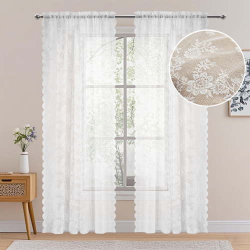 NEWEEN Sheer Lace Curtains Vintage Floral for Living Room Sets Rod Pocket,40"Wx78"L,2 Panels,White
