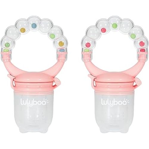 Lulyboo 2-in-1 Infant Self-Feeder & Rattle Set | Safe Mesh Baby Feeding Tool for Independence, Choking Prevention, Sensory Play | Suitable for Toddlers 6+ Months (Pink)