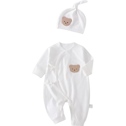 Baby Ribbed Romper and Hat Set with Bear Applique, 100% Cotton Infant Bodysuit, White, Long Sleeve