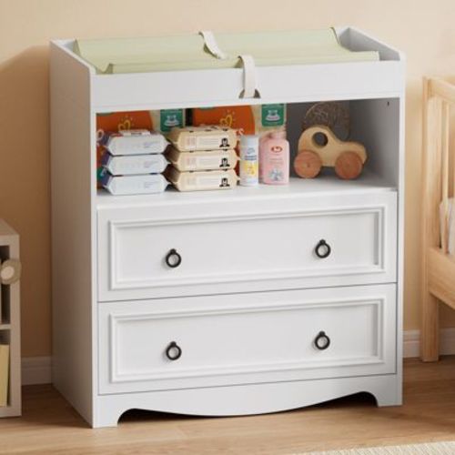 Hommpa White Baby Changing Table Nursery Dresser with 2 Drawers and Open Shelf