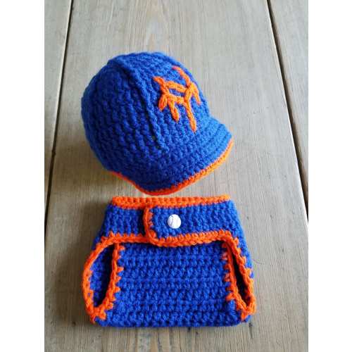 NY METS Baseball Hat w Brim & Diaper Cover Set Photo Prop Hand-Crochet Spring Blue Orange Newborn Baby Shower Gift for Mets Fan Parents