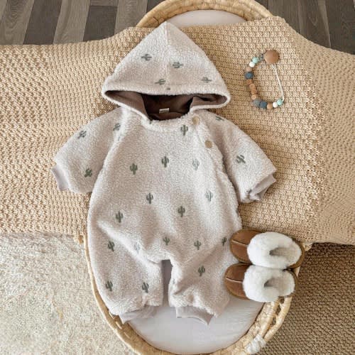 Soft Plush Hooded Baby Romper with Cactus Embroidery, Unisex Fleece Baby Jumpsuit, Cosy Infant One Piece Outfit, Gift for Newborn Babies