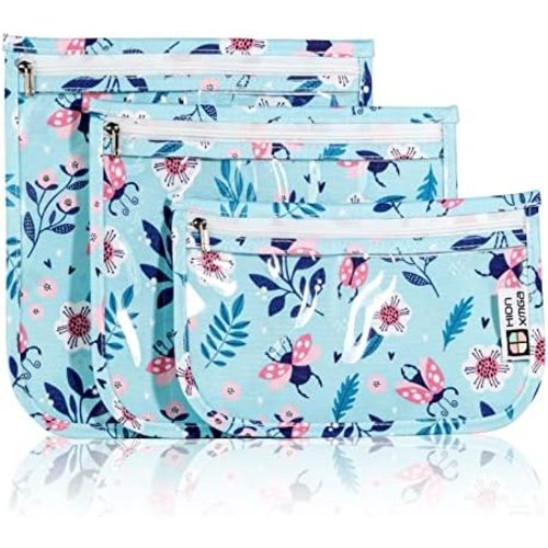 TSA Approved Toiletry Bag, Set of 3 Clear Travel Toiletry Bag Quart Size Zipper Travel Pouch, Waterproof Makeup Cosmetic Bag for Women Men Kids Toiletries Carry on, Floral World