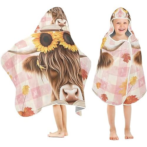 A Highland Cow with Sunflowers Hooded Beach Towel for Kids, Kids Bath Hooded Towels for Boys Girls, Super Soft Absorbent Bathrobe with Hood for Swin Pool 50"x23.5"