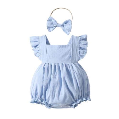 Zanarzt Infant Girl Jumpsuit Summer Baby Girl Clothes Toddler Summer Romper Sleeveless Ruffle Outfits Infant Girls Jumpsuit with Headband Blue,12-18 Months