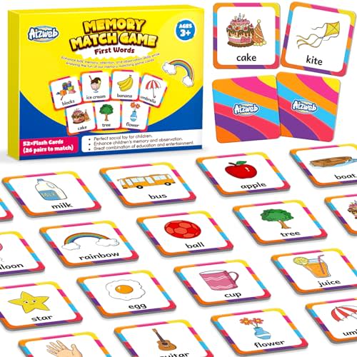 Aizweb First Words Match Game,Memory Game,52 Pcs Toddler Baby Flash Cards,Educational Toys for Pre K Preschool Kindergarten Learning Activities,Speech Therapy Materials Classroom Must Haves