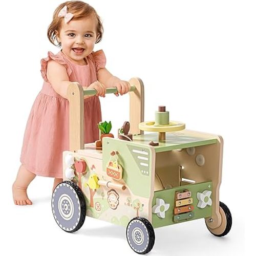 ROBUD Wooden Baby Walker, Baby Push Walker for 10+ Months, Montessori Push Toy, Adjustable Speed & Height Learning Toy with Activity Panel (Rustic Farm Adventure Theme)