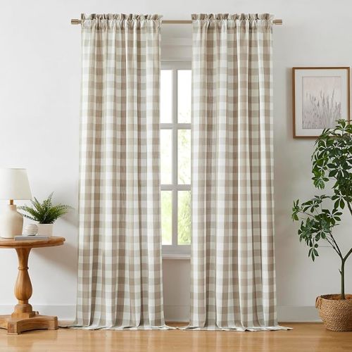 Beige Buffalo Plaid Semi Sheer Curtain Panels 84 Inches Long | Tan Buffalo Gingham Rustic Farmhouse Style,Yarn Dyed Window Treatment Bedroom Living Room,Rod Pocket,2 Panels,40"Wx84"L