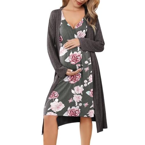Ekouaer Maternity Nursing Gown and Robe Set Labor Delivery Nursing Nightgowns for Breastfeeding Pregnancy Clothes