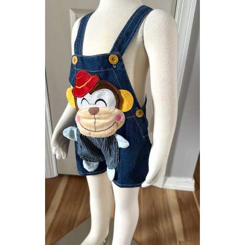 Vintage Infant Size 6-9 months Denim 90s Romper, One Piece Shorts Outfit with Monkey Applique