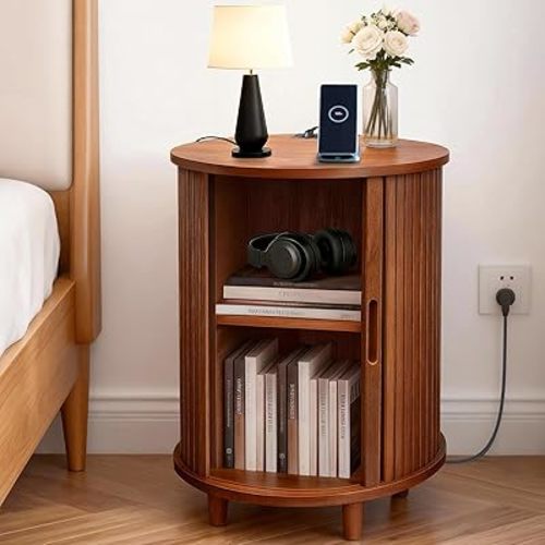 DHH Round End Table with Storage & Charging Station, Fluted Accent Side Table with Sliding Door & Adjustable Shelf, Mid-Century Nightstand for Small Spaces, Living Room, Bedroom (1, Walnut)