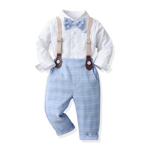 FYMNSI Baby Boy Long Sleeves Gentleman Outfit Clothes Sets Toddler Formal Bowtie Shirt Suspender Pants Wedding Dress Suits 6-12M Light Blue