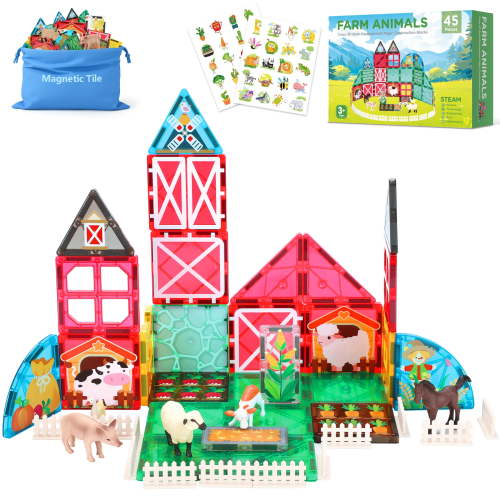QIAHO, Magnetic Tiles Farm Animals Toys, 45-PCS, Green