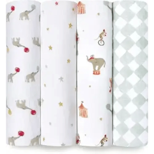 aden + anais Essentials Baby Muslin Swaddle Blankets, Newborn Receiving Blanket for Swaddling, 100% Cotton Baby Swaddle Wrap, 4 Pack, Elephant Circus