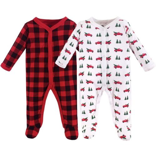 Hudson Baby Baby Cotton Snap Sleep and Play 2pk, Christmas Tree, 0-3M