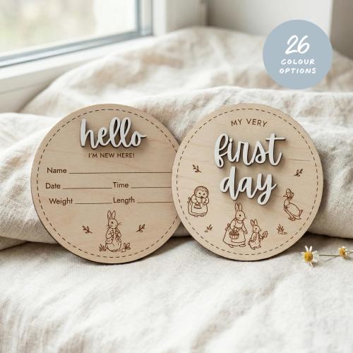 Peter Rabbit Birth Announcement Wood Discs: Personalized Photo Props