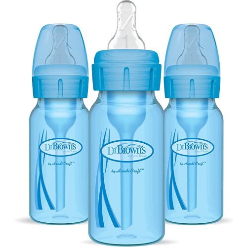 Dr. Brown's Natural Flow Anti-Colic Options+ Narrow Baby Bottles 4 oz/120 mL, with Level 1 Slow Flow Nipple, 3 Pack, 0m+ Blue