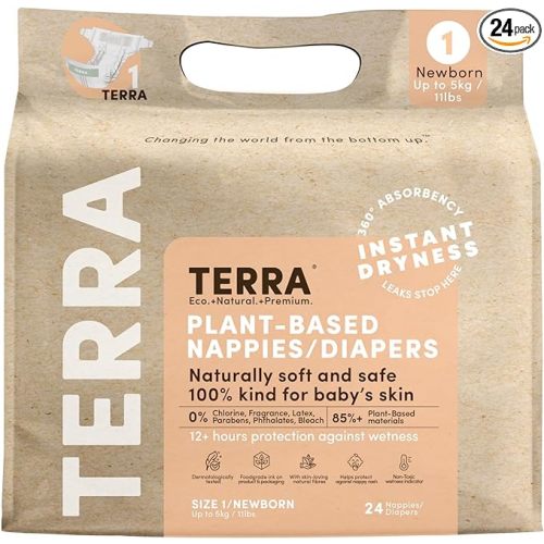 Terra Size 1 Newborn Diapers: 85% Plant-Based Diapers, Ultra-Soft & Chemical-Free for Sensitive Skin, Superior Absorbency for Day or Nighttime Diapers, Designed for Newborns up to 11 Pounds, 24 Count - Size 1 (24 Count)