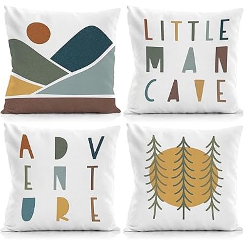 Adventure Kids Mountain Scene Throw Pillow Covers 18x18 Inch Set of 4,Neutral Little Man Cave Decorative Pillow Covers,Adventure Theme Kids Cushion Pillowcases for Neutral Nursery Decor