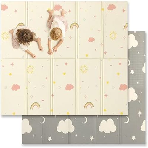 Extra Large Foldable Play Mat, 79x71x0.6 Inch Reversible Baby Play Mat, Non-Toxic & Waterproof Baby Mat for Floor, Foam Play Mat with Travel Bag for Infants Toddlers, Rainbow, Cloud & Moon