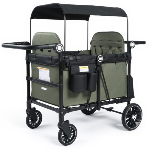 Kinder King All-Terrain Stroller Wagon for 4 Kids, Shock-Absorbing PU Wheels, Canopy, Snack Tray, 10-Position Adjustable Handle & Storage Bag, Green