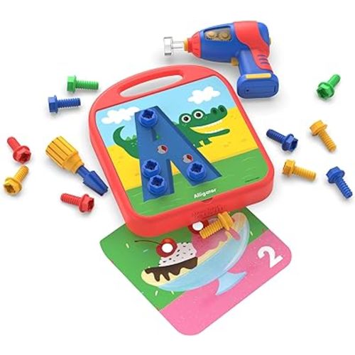 Educational Insights Design & Drill ABCs & 123s - Building Construction Toys for Toddlers, Kids Tool Set with Drill Toy, Preschool Learning Activities, Toddler STEM Toys for 3+ Year Old