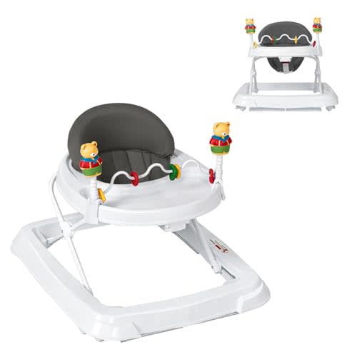 CHEFJOY Baby Walker, Collapsible Baby Activity Walker with Walking Toys & 3-Levels Adjustable Height, Comfy High Back Seated Baby Walker with Wheels for Boys & Girls (Grey)