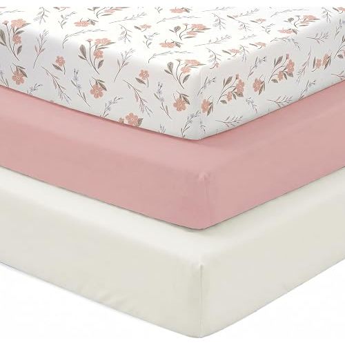 Baby Crib Sheets for Girls Boys, 3 Pack Fitted Crib Sheets 52 x 28 x 8 Inch, Soft Stretchy Polyester Baby Sheets for Standard Criband Toddler Mattress, Pink+White+Flower