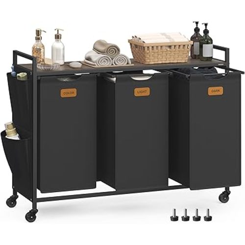 VASAGLE Laundry Hamper, Laundry Sorter Rolling Cart with Shelves, Small Side Pockets, 6 Labels, 3 Compartments, 39.6 Gal. (150 L), Ink Black and Ash Brown UBLH223BH01