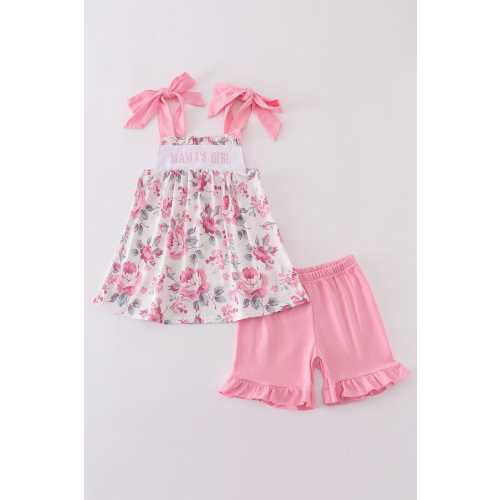 Abby & Evie Girl's Boutique Pink Floral MAMA'S GIRL Embroidered Embroidery Ruffle Shorts Set Outfit Matching Sibling