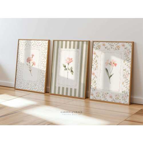 Floral Shabby Chic Nursery Wall Art Set of 3, Cottagecore Girl's Room Decor, Prints for Girl, Rose Garden Theme Print (Digital Download)