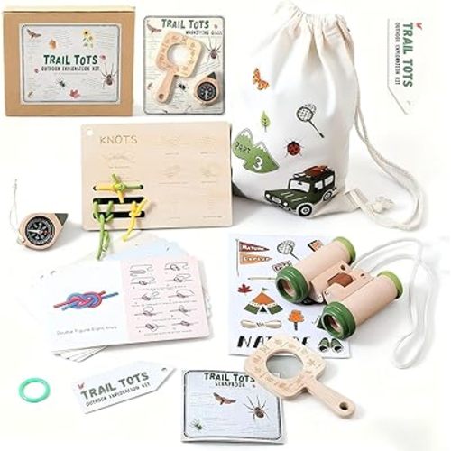 Kids Outdoor Explorer Kit Ages 4–8, Wooden Binoculars, Compass and Knot-Tying Board, Nature STEM Learning & Camping Toy Birthday Gift for Boys and Girls