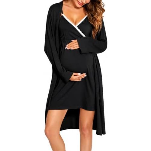 SWOMOG Womens Maternity Robe 2 Piece Nursing Nightgown for Breastfeeding 3 in 1 Labor Delivery Nursing Dress Lace Bathrobe