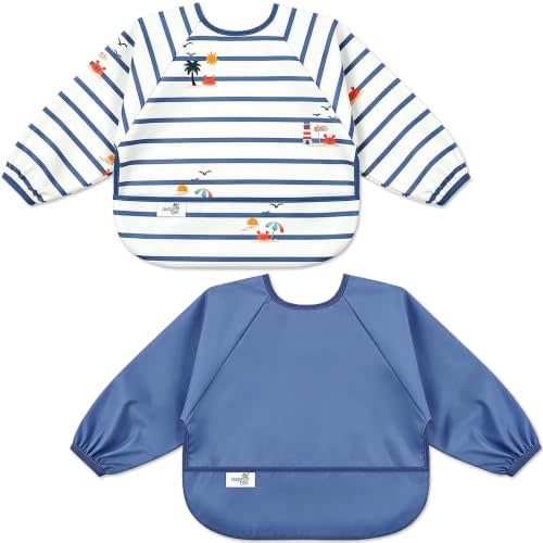 Long Sleeve Baby Bib, Waterproof Fabric, Catch-All Pocket, Baby Smock Bib, Adjustable Sleeves