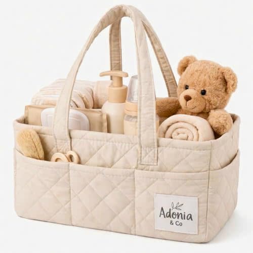 Diaper Caddy Organizer – Large Nursery Storage Basket for Newborn Essentials – Portable & Machine Washable (Beige)