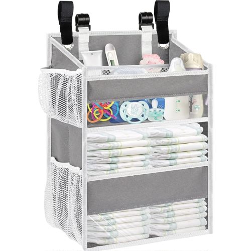 Ofiray-home Hanging Diaper Organizer for Changing Table,Cribs,Car,Playard or Wall & Nursery Organization-Durable 2-Tier Diaper Organizer with Mesh Pockets and Viewable Design, Won't Deform, Light Gray