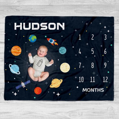 Personalized Space Milestone Blanke, Monthly Baby Blanket, Space Nursery Decor, Baby Age Blanket, Planets and Astronauts, Baby Shower Gift