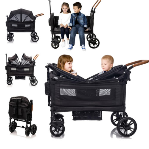 Wagon Stroller for 2 Kids & Cargo-Travel Push-Pull Double Baby Wagon Lightweight Folding Stroller for Toddler with 5-Point Harness,Adjustable Handle Bar and Canopy,Tray Table,Cup Holder