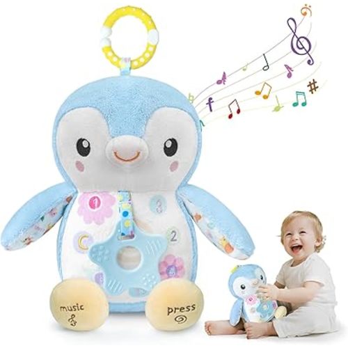 Baby Toys 0-6 Months,Musical Plush Stuffed Animal with Rattles & Crinkle Paper,Hanging Ring for Sensory Play,Tummy Time Toys for 0-12 Months Girls, Baby Girl Gift (Blue)