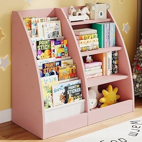 4 Tier Kids Bookshelf,4 Layer Sling Kids Book Shelf for Kids Rooms,Wood Children Bookcase,Baby Storage Book Rack,Toddler Bookshelf, Book and Toy Organizer,Book Display Shelf for Bedroom, Nursery