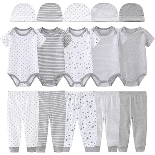 0-12 Months Unisex Baby Pants Sets New born Bodysuit and Hats 15 Pack Boy Girl Infant Comfort Outfit Clothes