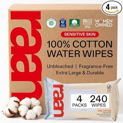 Raan, 100% Cotton Baby Wipes, Unbleached, 99% Purified Water, Unscented, EWG verified, For Extra Sensitive Skin, Naturally Soft and Durable, 4 pack, 240 Count