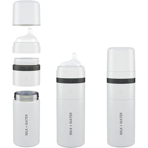 MILK & WATER All in One Baby Bottle & Baby Formula Dispenser On the Go, 9oz - Keeps Water Warm & Formula Fresh - Baby Formula Mixing Bottle with Anti Colic Nipple - Leak-Proof - 6+ Months (White)