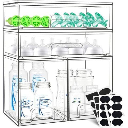 Baby Bottle Organizer, 5 Pack Stackable Storage Drawers with Labels, Clear Station Organizers Container for Pacifiers, Pump Parts, Desk Organizer Bins for Bathroom, Cabinet, Pantry, Vanity, Countertop