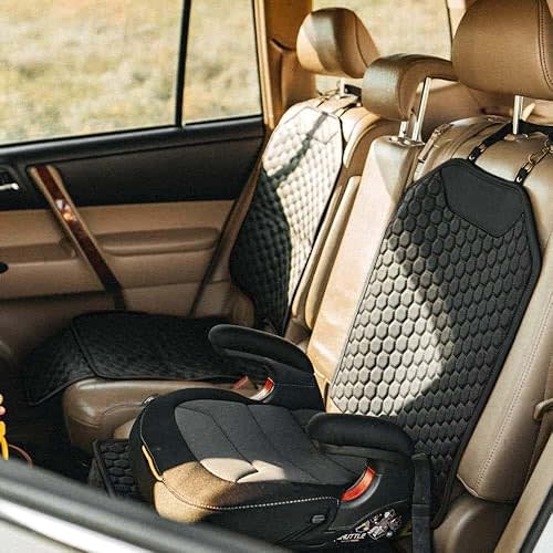 Owleys Premium Leather Car Seat Protector 2 Pack for Child Cover from Dirt - Infant Protector for Back/Front Booster Protector Under Baby Car Seat Waterproof Black