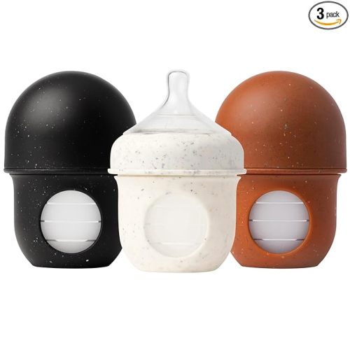 Boon Nursh Reusable Silicone Pouch Baby Bottles - Slow Flow Nipple - Silicone Baby Bottle Pouch and Nipple - Baby Feeding Essentials - Speckle - 0-3 Months - 3 Count - 4 Ounce