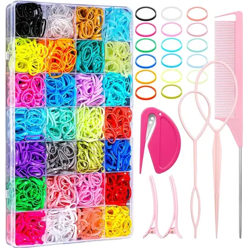 28 Colored Rubber Bands for Hair, 1500 Pcs Small Girls Elastic Ties With 6 Styling Tools - Colorful Accessories for Baby Toddlers Kids